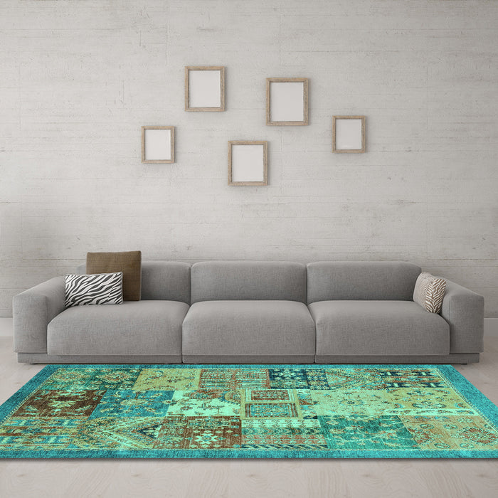 Machine Washable Abstract Turquoise Modern Area Rugs in a Living Room,, wshabs3749turq