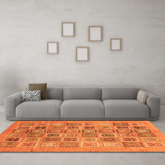 Machine Washable Abstract Orange Modern Area Rugs in a Living Room, wshabs3750org