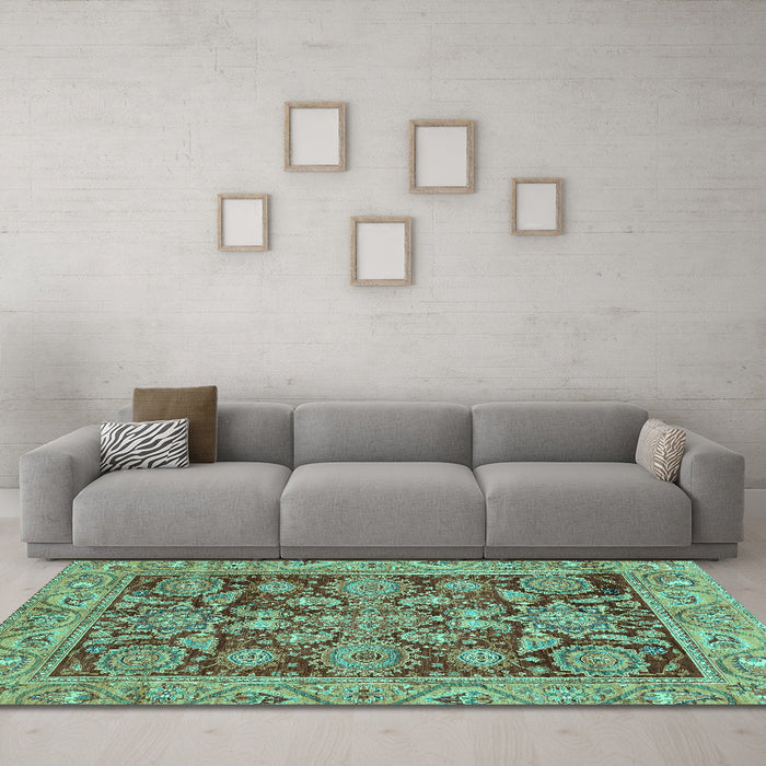 Machine Washable Oriental Turquoise Traditional Area Rugs in a Living Room,, wshabs3753turq