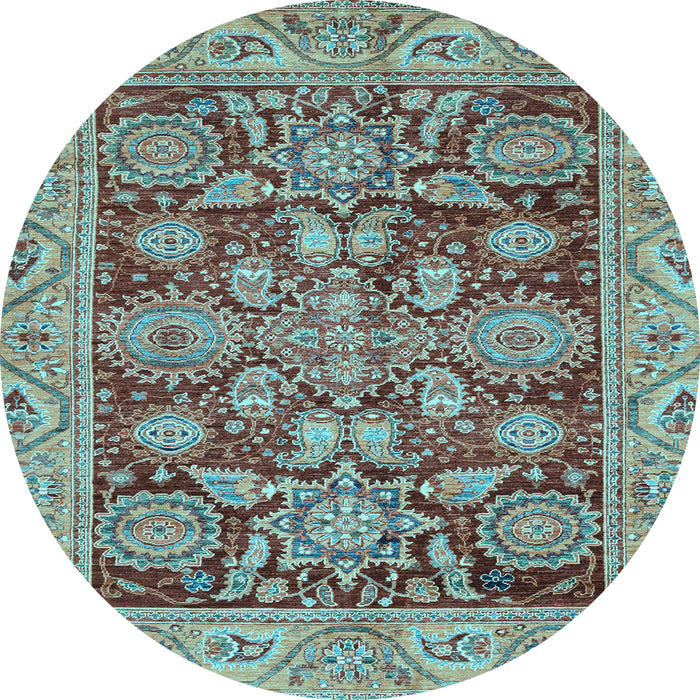 Round Machine Washable Oriental Light Blue Traditional Rug, wshabs3753lblu