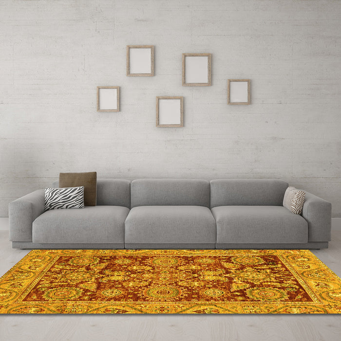 Machine Washable Oriental Yellow Traditional Rug in a Living Room, wshabs3753yw