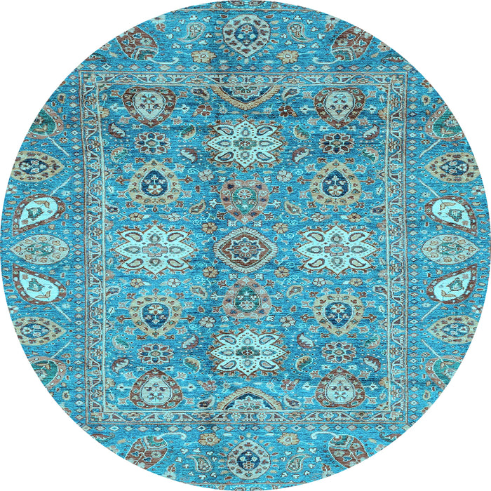Round Machine Washable Oriental Light Blue Traditional Rug, wshabs3754lblu