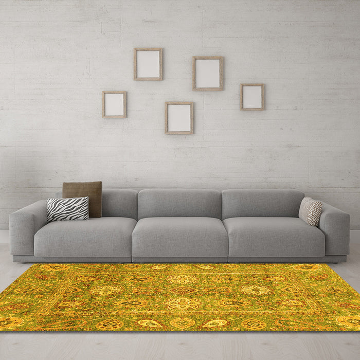 Machine Washable Oriental Yellow Traditional Rug in a Living Room, wshabs3754yw