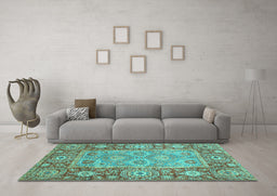 Machine Washable Oriental Turquoise Traditional Area Rugs in a Living Room,, wshabs3755turq