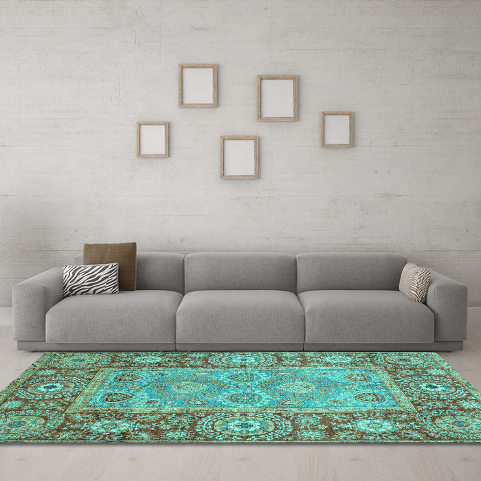 Machine Washable Oriental Turquoise Traditional Area Rugs in a Living Room,, wshabs3755turq