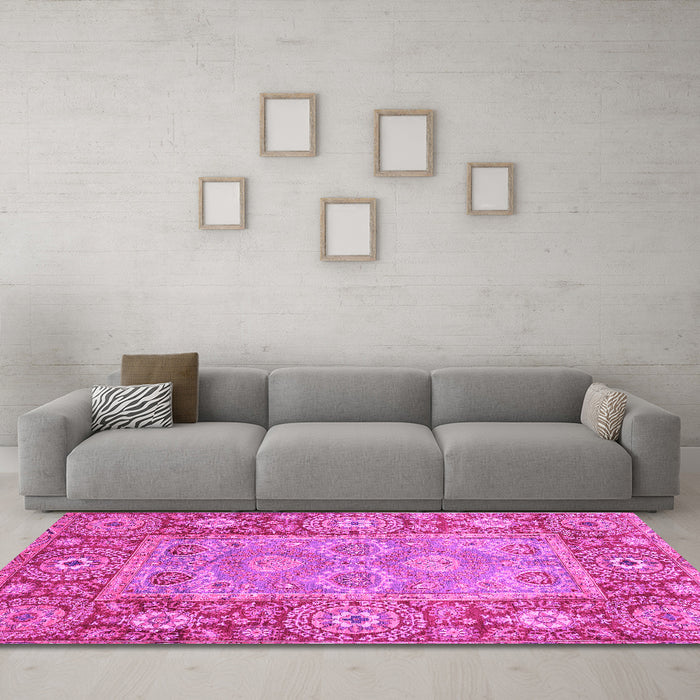 Machine Washable Oriental Pink Traditional Rug in a Living Room, wshabs3755pnk
