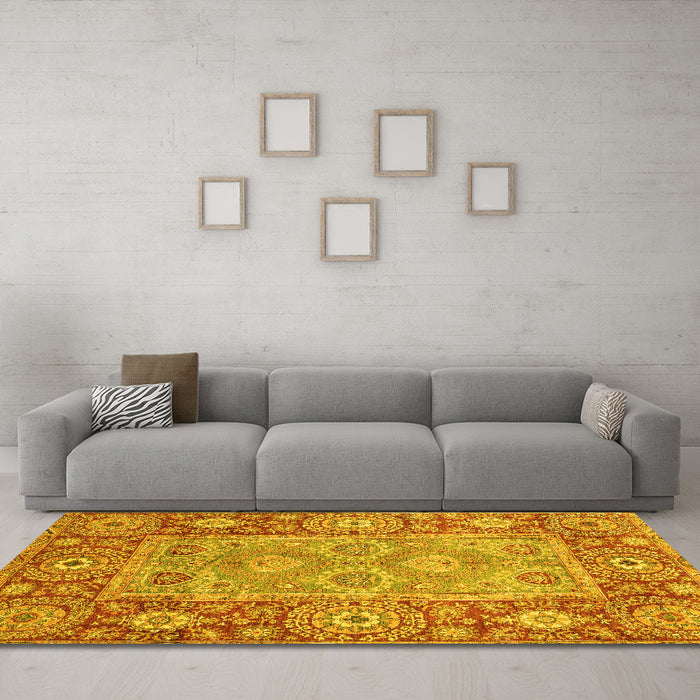 Machine Washable Oriental Yellow Traditional Rug in a Living Room, wshabs3755yw