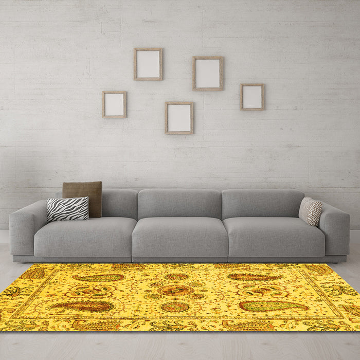 Machine Washable Abstract Yellow Modern Rug in a Living Room, wshabs3756yw