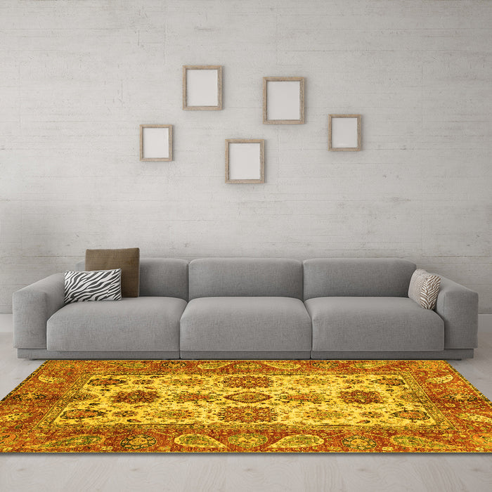 Machine Washable Oriental Yellow Traditional Rug in a Living Room, wshabs3757yw