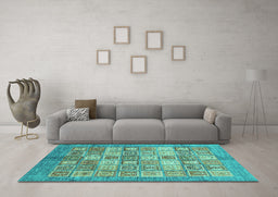 Machine Washable Abstract Turquoise Modern Area Rugs in a Living Room,, wshabs3758turq