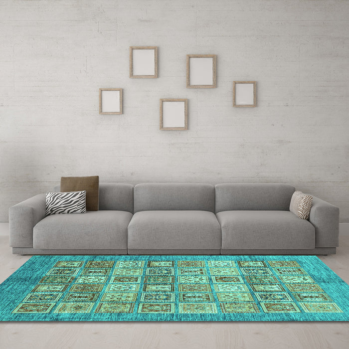 Machine Washable Abstract Turquoise Modern Area Rugs in a Living Room,, wshabs3758turq