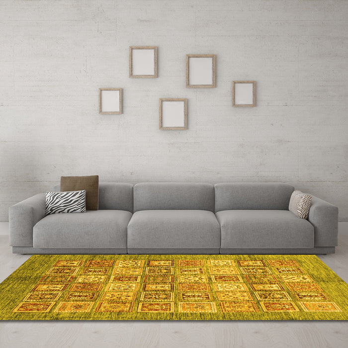 Machine Washable Abstract Yellow Modern Rug in a Living Room, wshabs3758yw