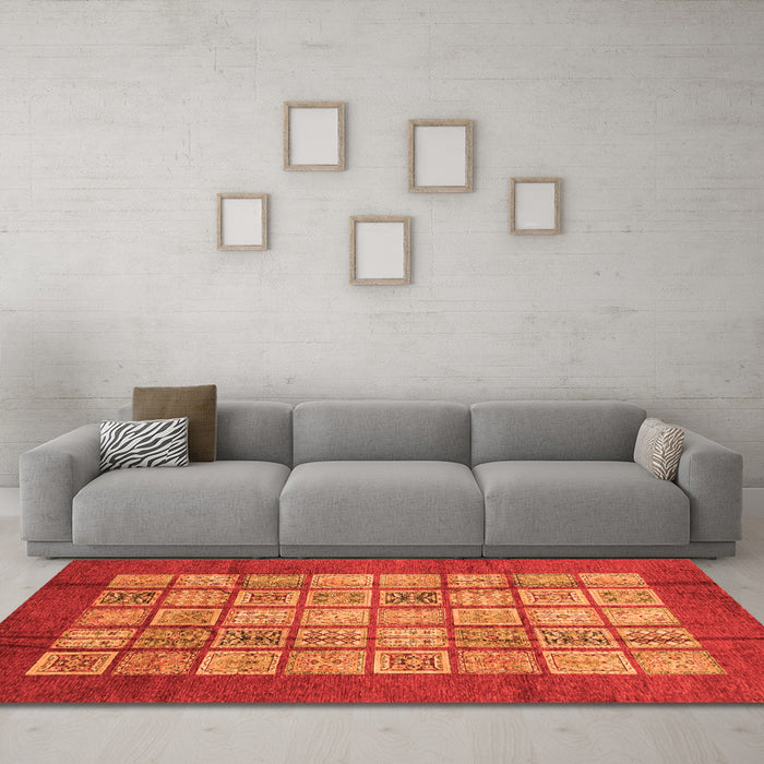 Machine Washable Abstract Orange Modern Area Rugs in a Living Room, wshabs3759org