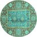 Round Machine Washable Oriental Turquoise Traditional Area Rugs, wshabs3761turq