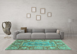 Machine Washable Oriental Turquoise Traditional Area Rugs in a Living Room,, wshabs3761turq