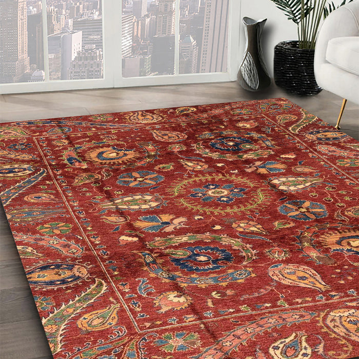 Abstract Chocolate Brown Oriental Rug in Family Room, abs3762
