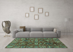 Machine Washable Oriental Turquoise Traditional Area Rugs in a Living Room,, wshabs3762turq