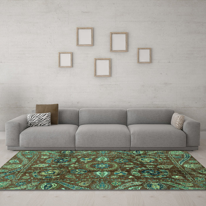 Machine Washable Oriental Turquoise Traditional Area Rugs in a Living Room,, wshabs3762turq