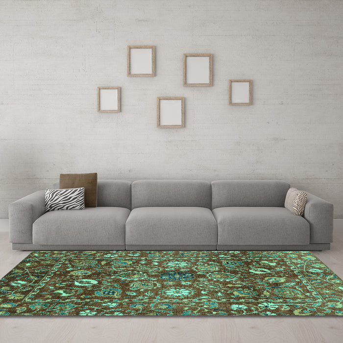Machine Washable Oriental Turquoise Traditional Area Rugs in a Living Room,, wshabs3763turq