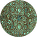 Round Machine Washable Oriental Turquoise Traditional Area Rugs, wshabs3763turq