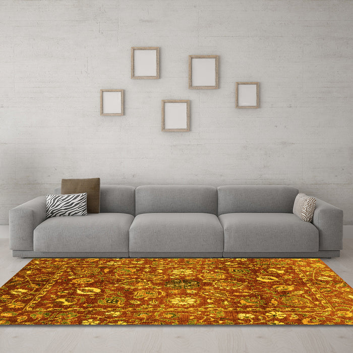 Machine Washable Oriental Yellow Traditional Rug in a Living Room, wshabs3763yw
