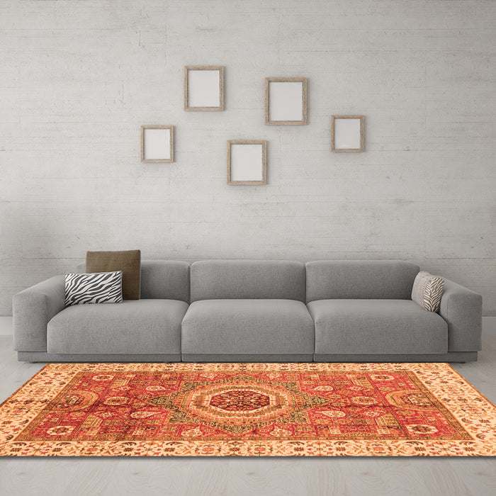 Machine Washable Abstract Orange Modern Area Rugs in a Living Room, wshabs3765org