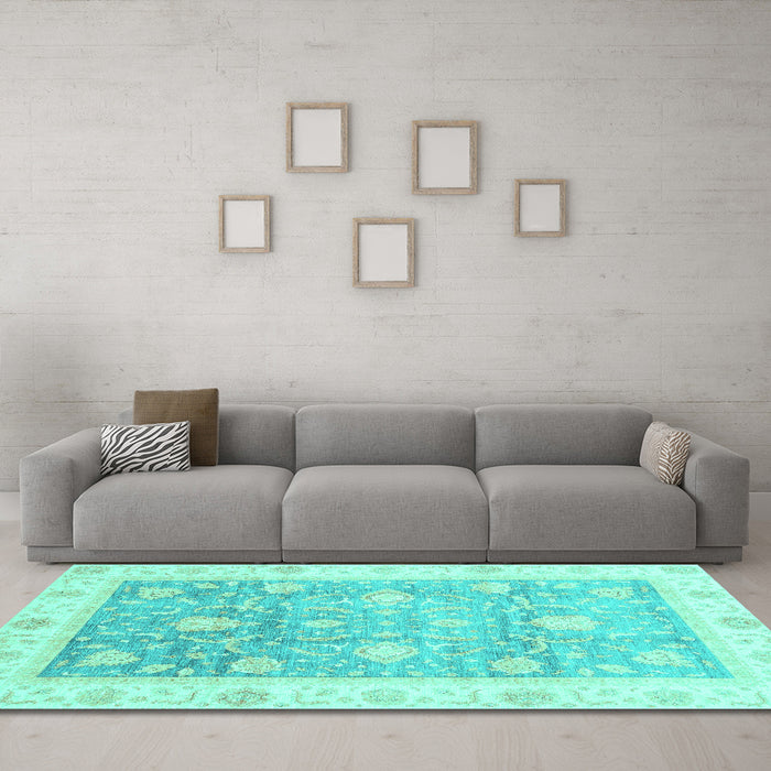 Machine Washable Oriental Turquoise Traditional Area Rugs in a Living Room,, wshabs3767turq