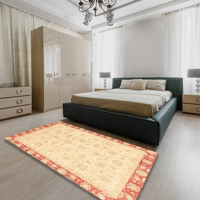 Abstract Sun Yellow Oriental Rug in a Bedroom, abs3768