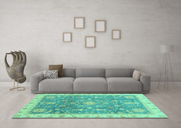 Machine Washable Oriental Turquoise Modern Area Rugs in a Living Room,, wshabs3769turq