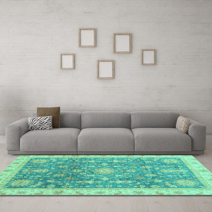Machine Washable Oriental Turquoise Modern Area Rugs in a Living Room,, wshabs3769turq