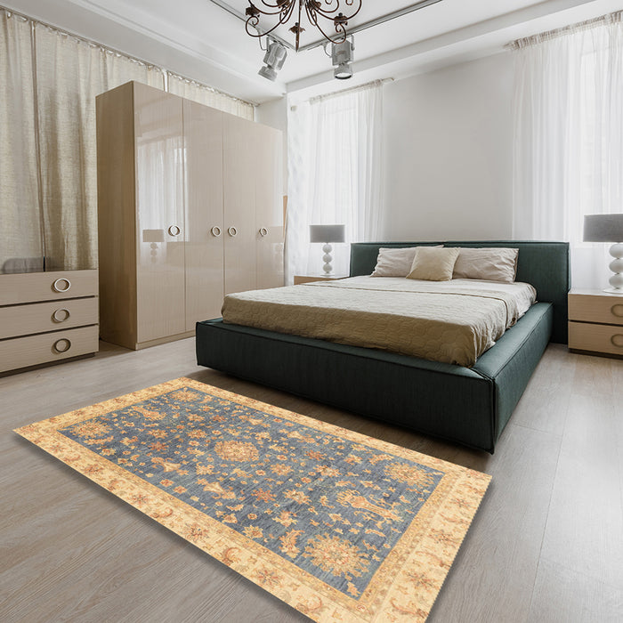 Abstract Dark Almond Brown Oriental Rug in a Bedroom, abs3769