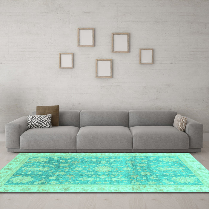 Machine Washable Oriental Turquoise Modern Area Rugs in a Living Room,, wshabs3770turq