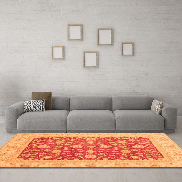 Machine Washable Abstract Orange Modern Area Rugs in a Living Room, wshabs3771org