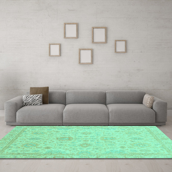 Machine Washable Oriental Turquoise Traditional Area Rugs in a Living Room,, wshabs3772turq