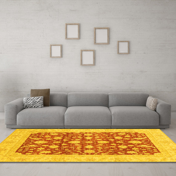 Machine Washable Oriental Yellow Traditional Rug in a Living Room, wshabs3773yw