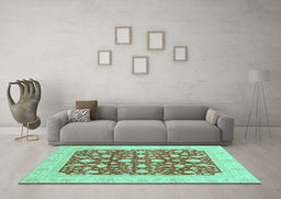 Machine Washable Oriental Turquoise Traditional Area Rugs in a Living Room,, wshabs3773turq