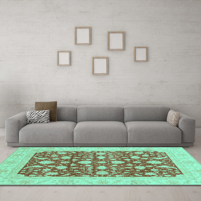Machine Washable Oriental Turquoise Traditional Area Rugs in a Living Room,, wshabs3773turq
