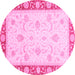 Round Machine Washable Abstract Pink Modern Rug, wshabs3774pnk