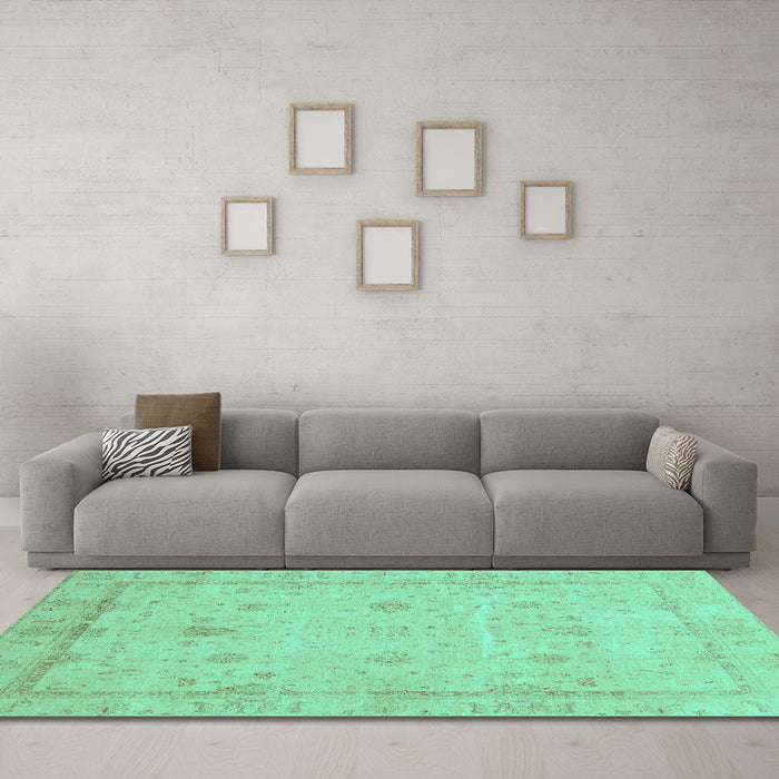 Machine Washable Oriental Turquoise Traditional Area Rugs in a Living Room,, wshabs3775turq
