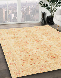 Abstract Brown Gold Oriental Rug in Family Room, abs3776