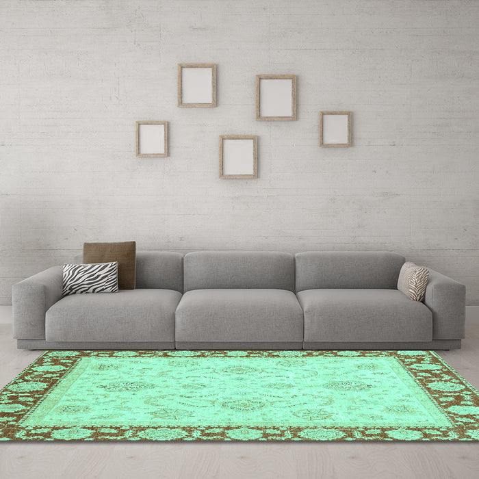 Machine Washable Oriental Turquoise Traditional Area Rugs in a Living Room,, wshabs3777turq