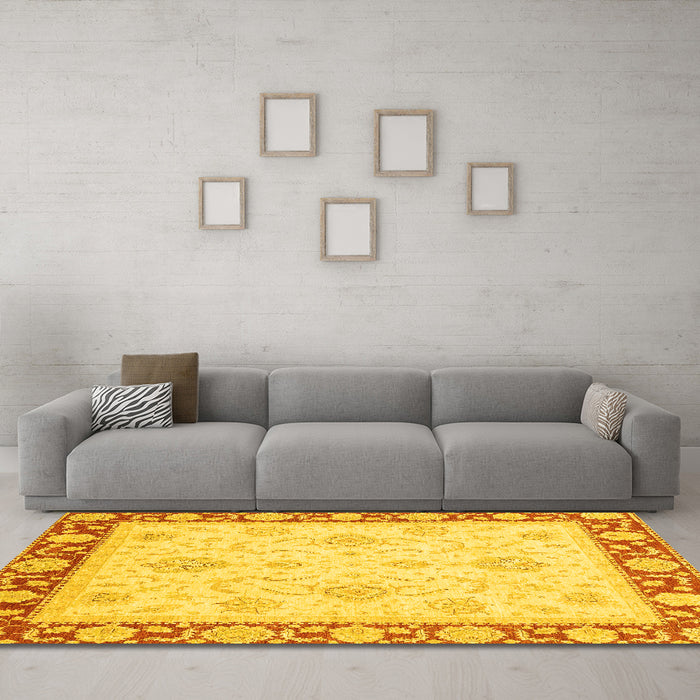 Machine Washable Oriental Yellow Traditional Rug in a Living Room, wshabs3777yw
