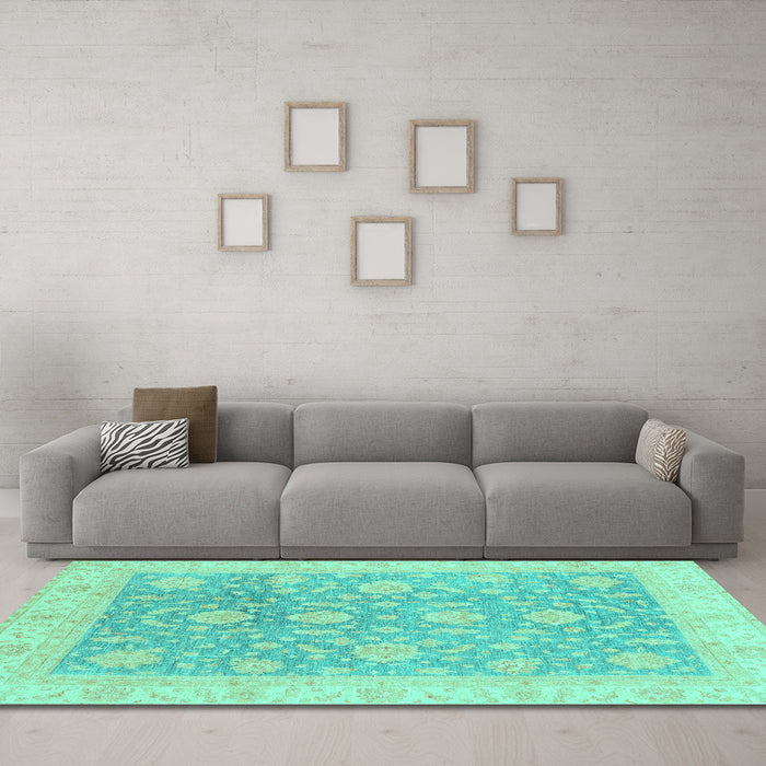 Machine Washable Oriental Turquoise Traditional Area Rugs in a Living Room,, wshabs3779turq