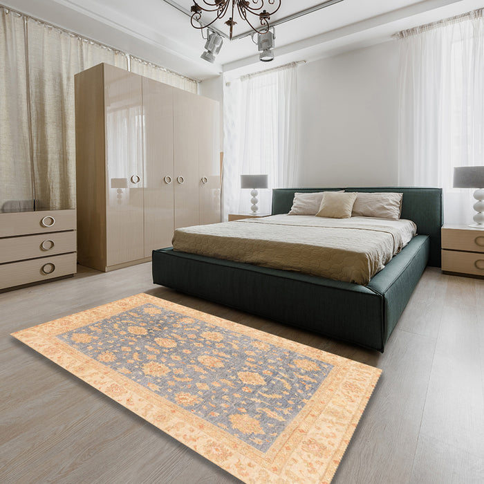 Abstract Camel Brown Oriental Rug in a Bedroom, abs3779