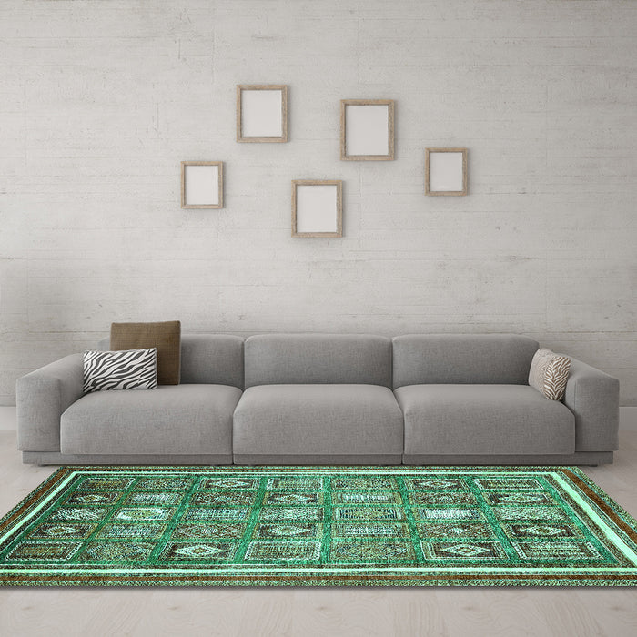 Machine Washable Oriental Turquoise Modern Area Rugs in a Living Room,, wshabs377turq