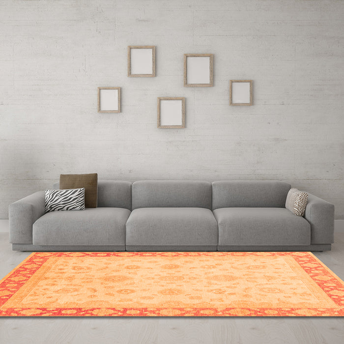 Machine Washable Abstract Orange Modern Area Rugs in a Living Room, wshabs3781org
