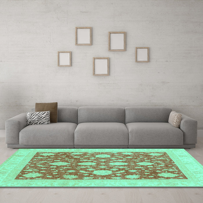 Machine Washable Oriental Turquoise Traditional Area Rugs in a Living Room,, wshabs3782turq