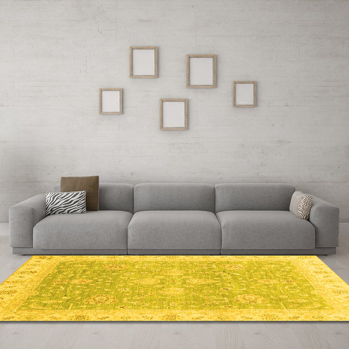 Machine Washable Oriental Yellow Traditional Rug in a Living Room, wshabs3783yw