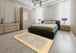 Abstract Brown Gold Oriental Rug in a Bedroom, abs3783