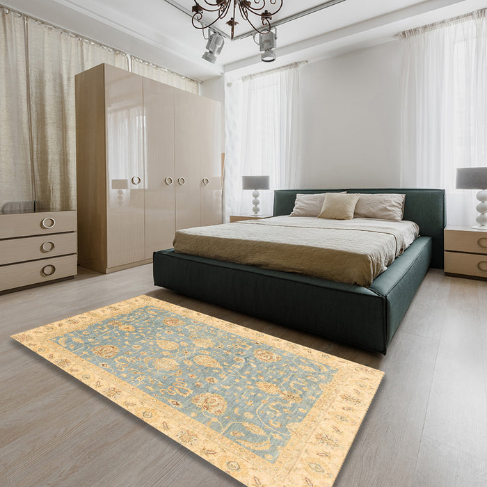 Machine Washable Abstract Brown Gold Rug in a Bedroom, wshabs3783